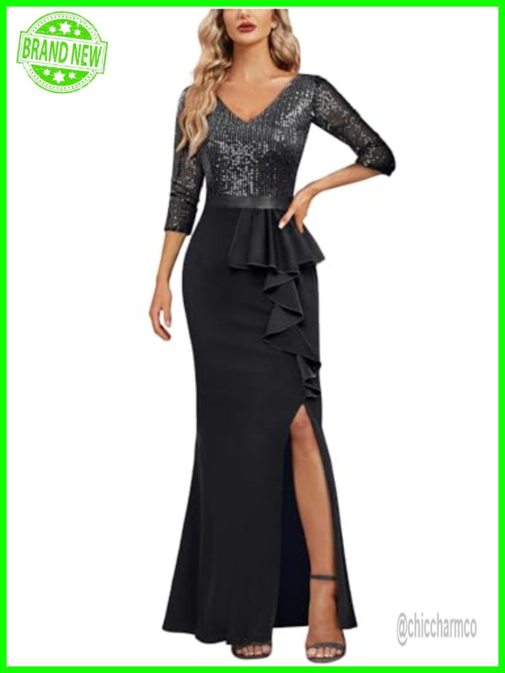 MISSMAY Women's Sequin V-Neck Mermaid Evening Party Dress 3/4 Sleeve Maxi